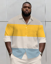 Big & Tall Men's Business Blue Yellow Beige Color Matching Printed Long Sleeve Shirt Shorts Set